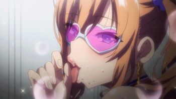 1girl akane_wa_tsumare_somerareru animated animated_gif anime_screenshot brown_hair cheerleader cosplay earrings fellatio_gesture glasses heart heart-shaped_eyewear heart_glasses jewelry looking_at_viewer nanao_akane open_mouth sexually_suggestive sidelocks solo t-rex_(animation_studio) takeda_hiromitsu tongue tongue_out twintails