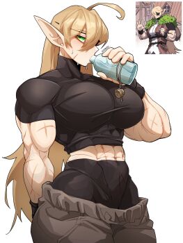 1girl abs absurdres ahoge blonde_hair bottle brown_pants character_request copyright_request drinking elf epakim eyepatch facial_scar glass_bottle green_eyes highres holding holding_bottle inset long_hair multiple_scars muscular muscular_female pants pointy_ears scar scar_on_arm scar_on_cheek scar_on_face scar_on_stomach simple_background solo sweat water white_background