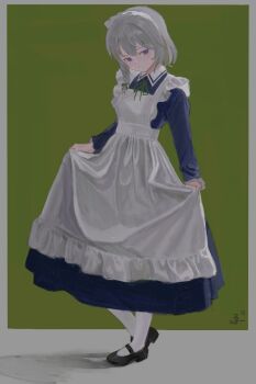 Rule 34 | 1girl, :o, alternate hairstyle, apron, apron lift, black shoes, blue dress, blue eyes, braid, clothes lift, collared dress, commentary, dress, dress lift, expressionless, full body, grey hair, highres, izayoi sakuya, long sleeves, looking at viewer, maid, maid apron, maid headdress, medium hair, pantyhose, ropu 1, shoes, side braid, signature, skirt hold, solo, touhou, white pantyhose
