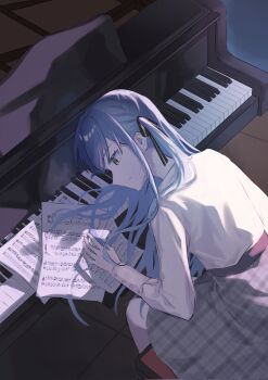 1girl bang_dream! bang_dream!_it&#039;s_mygo!!!!! black_ribbon blue_hair braid closed_mouth commentary grey_skirt hair_ribbon highres instrument long_hair long_sleeves piano plaid_clothes plaid_skirt ribbon sheet_music shirt sidelocks sitting skirt solo symbol-only_commentary togawa_sakiko trileo405 unmoving_pattern white_shirt yellow_eyes