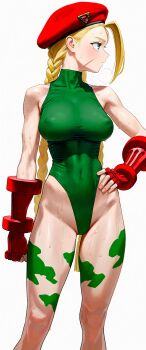 abs ai-generated bodysuit cammy_white hat hoshino_akarii military_hat military_uniform muscular muscular_female street_fighter sweat toned toned_female