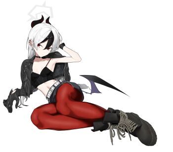 1girl absurdres armpits belt black_boots black_choker black_gloves black_hair black_jacket black_skirt black_tank_top black_wings blue_archive boots breasts choker cleavage closed_mouth collarbone commentary_request ear_piercing earrings fataaa full_body gloves grey_hair hair_between_eyes highres jacket jewelry kayoko_(blue_archive) lace-up_boots long_hair long_sleeves looking_at_viewer midriff mole mole_on_neck navel pantyhose piercing puffy_long_sleeves puffy_sleeves red_eyes red_pantyhose single_wing skirt small_breasts solo tank_top white_background white_belt wings wristband