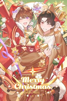 2boys 3others :d aleo animal_costume animal_ears antlers bell black_hair brown_hair brown_shoes bushel bushel_gochizo candy candy_cane character_name chocodon_gochizo christmas coat commentary copyright_name cupcake curly_hair deer_ears donut english_commentary food fur-trimmed_coat fur-trimmed_headwear fur-trimmed_sleeves fur_trim gingerbread_cookie gingerbread_man gochizo green_background hat highres holding holding_sack hood hood_down hoodie horns inoue_shouma kamen_rider kamen_rider_gavv kamen_rider_gavv_(series) kamen_rider_valen karakida_hanto long_sleeves merry_christmas multiple_boys multiple_others one_eye_closed open_mouth pom_pom_(clothes) poppingummy_gochizo purple_eyes red_background red_eyes red_nose red_socks reindeer_antlers reindeer_costume sack sack_behind_back santa_costume santa_hat shoes smile snowflakes socks star_(symbol) two-tone_background yellow_hoodie