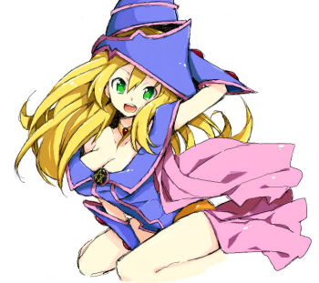 1girl blonde_hair breasts cleavage dark_magician_girl duel_monster elbow_gloves female_focus gloves green_eyes hat long_hair nakamura_sandayo open_mouth pentacle pentagram shueisha simple_background solo white_background yu-gi-oh! yu-gi-oh!_duel_monsters