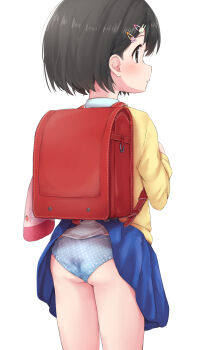 1girl absurdres accidental_exposure ass backpack bag black_hair blue_panties blue_skirt blush clothes_lift expressionless female_focus from_behind hair_ornament hairclip highres idolmaster idolmaster_cinderella_girls loli looking_afar okura-chan_(at_nya5) panties polka_dot polka_dot_panties profile randoseru red_bag sasaki_chie short_hair simple_background skirt skirt_caught_on_object skirt_lift solo underwear white_background