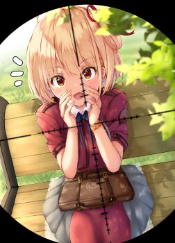 1girl :d bench blonde_hair blue_bow blue_bowtie blush bow bowtie commentary_request cowboy_shot dappled_sunlight day dress dutch_angle grey_dress hair_between_eyes hair_ribbon hands_up highres leaf looking_at_viewer lycoris_recoil lycoris_uniform medium_hair nishikigi_chisato notice_lines on_bench one_side_up open_mouth outdoors park_bench pleated_dress red_dress red_eyes red_ribbon ribbon short_sleeves sitting smile solo sunlight tatika714 two-tone_dress