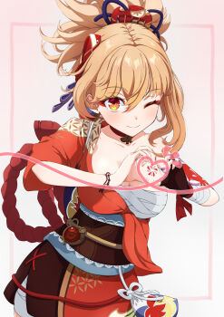 1girl arm_tattoo bandaged_arm bandages blonde_hair breasts chest_sarashi chest_tattoo choker cowboy_shot eyeliner genshin_impact hadanugi_dousa hair_between_eyes hair_ornament heart heart_hands highres japanese_clothes kimono kinchaku looking_at_viewer makeup medium_breasts menchi-men obi one_eye_closed open_kimono orange_eyes orange_kimono ponytail pouch red_eyeliner red_rope rope sarashi sash single_bare_shoulder smile solo tattoo vision_(genshin_impact) yoimiya_(genshin_impact)