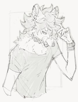 1boy body_fur claws collar commentary_request ear_piercing fuji_166 furry furry_male greyscale hand_up highres licking_lips looking_at_viewer male_focus monochrome open_mouth original piercing shirt short_hair sketch solo tongue tongue_out upper_body wolf_boy
