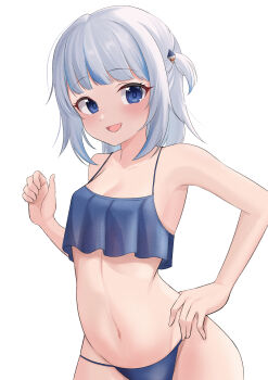 1girl absurdres bikini blue_bikini blue_eyes blue_hair breasts collarbone commentary_request cowboy_shot fang gawr_gura hair_ornament highres hololive hololive_english looking_at_viewer medium_hair multicolored_hair navel open_mouth ramkilog shark_hair_ornament simple_background skin_fang small_breasts smile solo stomach streaked_hair swimsuit virtual_youtuber white_background