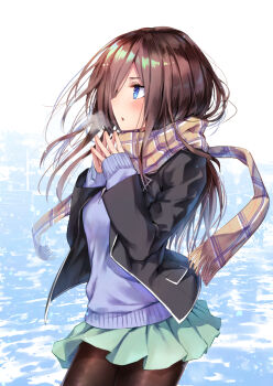 1girl black_jacket blazer blue_cardigan blue_eyes brown_hair brown_pantyhose brown_scarf cardigan commentary_request cowboy_shot go-toubun_no_hanayome green_skirt jacket long_hair nakano_miku pantyhose parted_lips plaid_clothes plaid_scarf pleated_skirt sahara386 scarf school_uniform skirt sleeves_past_wrists solo steepled_fingers