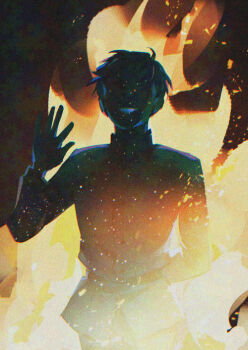 Rule 34 | 1boy, arm behind back, chi.: chikyuu no undou ni tsuite, evil smile, fire, grin, kadeart, looking at viewer, male focus, rafal (chi.), short hair, smile, solo, waving