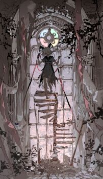 1girl absurdres barefoot black_horns black_sailor_collar chinese_commentary closed_eyes commentary_request commission doll_joints dress full_body grey_dress hair_between_eyes highres horns indoors joints long_hair open_mouth original sailor_collar sailor_dress short_sleeves smile solo spiral_staircase stained_glass stairs vihua6 w_arms walking white_hair