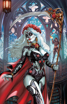 Rule 34 | 2girls, absurdres, black bodysuit, black hair, black pants, black shirt, bodysuit, bone print, bookshelf, cape, colored skin, crossover, dia de muertos, facepaint, firing, flower, gun, hair flower, hair ornament, highres, holding, holding gun, holding scythe, holding weapon, indoors, la muerta, la muerta (character), lace, lace bodysuit, lady death, lady death (character), long hair, midriff, mike krome, multiple girls, muzzle flash, pants, print shirt, red cape, red flower, red lips, red rose, rose, scythe, shirt, solo focus, stained glass, weapon, white hair, white skin