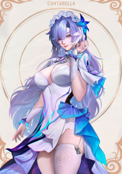Rule 34 | 1girl, absurdres, blue eyes, blue flower, breasts, cantarella (wuthering waves), character name, closed mouth, commentary, covered navel, cowboy shot, dress, earrings, facial mark, flower, hair flower, hair ornament, hand up, headdress, highres, jewelry, large breasts, long hair, looking at viewer, mark under eye, nervi fd, purple hair, ring, single thighhigh, smile, solo, thighhighs, thighs, very long hair, white dress, white thighhighs, wuthering waves