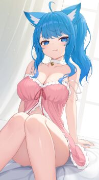 1girl :3 :q ahoge animal_ears babydoll bare_arms bare_legs bare_shoulders bell blue_eyes blue_hair breasts cat_ears choker cleavage closed_mouth collarbone convenient_leg feet_out_of_frame frilled_babydoll highres jingle_bell knees_together_feet_apart knees_up large_breasts long_hair looking_at_viewer nanashi_inc. nishino_eri pink_babydoll ponytail sitting smile solo souya_ichika spaghetti_strap strap_slip thighs tongue tongue_out virtual_youtuber white_choker