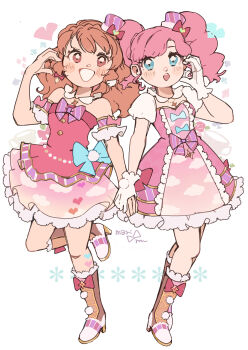 2girls :d absurdres aikatsu! aikatsu!_(series) amahane_madoka blue_eyes boots bow braid crown_braid detached_collar dress full_body hand_up hat high_heel_boots high_heels highres holding_hands idol_clothes long_hair looking_at_viewer mini_hat mini_top_hat multiple_girls open_mouth orange_hair ozora_akari pink_bow pink_dress pink_hair pink_hat puffy_short_sleeves puffy_sleeves red_eyes short_sleeves smile standing standing_on_one_leg top_hat twintails white_background yukikokoro