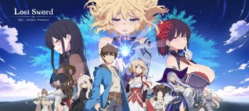 1boy 6+girls absurdres ahoge armor artist_request belt black_hair blonde_hair blue_eyes blue_fire breasts brown_belt brown_hair character_request cleavage closed_mouth cloud commentary copyright_name dress fire flower gloves hair_flower hair_ornament hand_on_own_chest hat highres holding holding_staff holding_sword holding_weapon lips long_hair lost_sword:_tales_of_britania multiple_girls official_art parted_lips purple_eyes short_hair sky spider_lily staff sword tiara weapon white_dress white_gloves white_hat