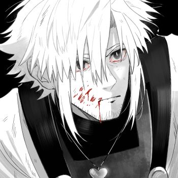 Rule 34 | 1boy, alternate universe, black background, blood, blood from mouth, blood on cheek, blood on face, bright pupils, chara (undertale), chinese commentary, closed mouth, coat, commentary request, facial hair, flipped hair, from above, frown, greyscale, hair between eyes, hair over one eye, hanbaobaobaozhu, heart, heart necklace, highres, jewelry, looking ahead, male focus, monochrome, necklace, open clothes, open coat, serious, short hair, sidelocks, simple background, slit pupils, solo, spot color, sweater, thick eyebrows, turtleneck, turtleneck sweater, undertale, upper body, upturned eyes, utdr (toby fox), v-shaped eyebrows, xtale