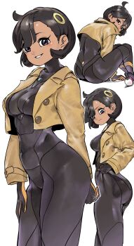 1girl ass black_bodysuit black_gloves black_hair blush bodysuit breasts brown_jacket closed_mouth dark-skinned_female dark_skin emma_(pokemon) gloves hair_ornament highres jacket latex latex_bodysuit looking_at_viewer medium_breasts mega_stone nintendo open_clothes open_jacket orange_gloves parted_lips poke_ball poke_ball_(basic) pokemon pokemon_legends:_z-a purple_eyes short_hair simple_background smile sukoyaka_tsukasa two-tone_gloves white_background