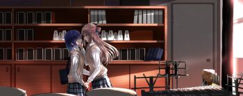 2girls bag blue_hair blue_ribbon blue_skirt braid brown_hair brown_sweater_vest chair commentary_request curtains drum eye_contact from_side hair_ribbon half_up_braid hand_on_another&#039;s_face highres holding_another&#039;s_wrist indoors instrument instrument_case light_particles long_hair long_sleeves looking_at_another lr6fko4upypf9hv marimba medium_hair metronome miyagi_shiori multiple_girls music_stand parted_lips plaid_clothes plaid_skirt pleated_skirt profile ribbon school_bag school_chair school_uniform sendai_hazuki shirt shuuniichido_classmate_wo_kau_hanashi skirt sweater_vest timpani white_shirt yuri