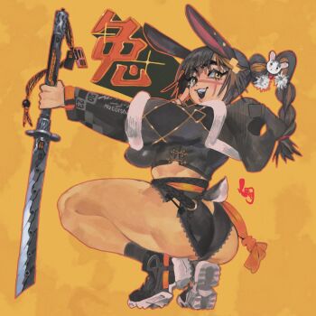 1girl 2023 animal_ears ass black_hair black_jacket black_shoes blonde_hair braid braided_ponytail breasts character_hair_ornament chinese_zodiac commentary cropped_jacket cross_scar english_commentary facial_scar from_behind full_body hair_ornament highres holding holding_sword holding_weapon jacket katana keziedra large_breasts long_sleeves looking_back multicolored_hair original outline rabbit_ears rabbit_girl rabbit_tail red_outline scar scar_on_cheek scar_on_face scar_on_nose shoes single_braid sneakers solo squatting sword tail two-tone_hair weapon year_of_the_rabbit yellow_eyes