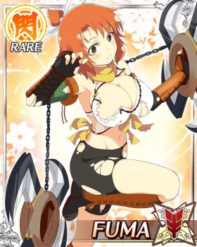 1girl bike_shorts boots breasts brown_eyes card_(medium) chain cleavage closed_mouth crop_top elbow_gloves fingerless_gloves fuma_(senran_kagura) fuuma_shuriken game_cg gloves groin hair_ribbon holding holding_shuriken holding_weapon large_breasts leg_up medium_hair midriff navel non-web_source official_alternate_costume official_art orange_hair ribbon scarf senran_kagura senran_kagura_new_wave shuriken topknot torn_clothes weapon yellow_scarf