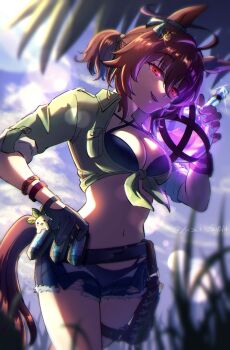 1girl agnes_tachyon_(lunatic_lab)_(umamusume) agnes_tachyon_(umamusume) ahoge animal_ears bikini bikini_under_clothes black_bikini blue_shorts blurry blurry_background blurry_foreground breasts brown_hair cleavage collared_shirt cutoffs day depth_of_field flask front-tie_top glowing green_shirt hair_between_eyes hand_up highres holding horse_ears horse_girl horse_tail looking_at_viewer medium_breasts navel open_clothes open_fly open_shorts outdoors palm_tree ponytail red_eyes round-bottom_flask shirt short_sleeves shorts smile solo swimsuit tail tied_shirt tree twitter_username umamusume yuzuki_v