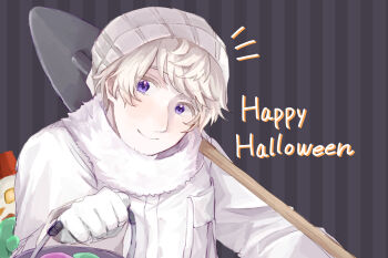 Rule 34 | 1boy, axis powers hetalia, blush, breast pocket, bucket, candy, closed mouth, commentary request, food, fur scarf, gloves, grey background, halloween, hand up, happy halloween, harutoro 39487, hat, holding, holding bucket, holding shovel, jacket, long sleeves, looking at viewer, male focus, notice lines, official alternate costume, pocket, puffy long sleeves, puffy sleeves, purple eyes, russia (hetalia), scarf, short hair, shovel, smile, solo, striped background, upper body, white gloves, white hair, white hat, white jacket, white scarf