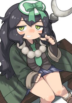 1girl absurdres bench black_hair elbow_gloves fingerless_gloves gloves green_eyes hair_ornament highres jacket jewelry kemono_friends long_hair looking_at_viewer necklace necktie ribbon rinx sagojo_(kemono_friends) shirt shoes simple_background sitting skirt socks solo weapon