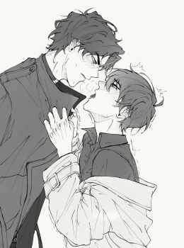 2boys black_shirt blush breath clothes_grab coat coat_grab coat_partially_removed collared_shirt cowboy_shot curtained_hair fate_(series) highres kim_dokja looking_at_another motion_lines multiple_boys naasmcuti2217 omniscient_reader&#039;s_viewpoint open_clothes open_coat open_mouth popped_collar sexually_suggestive shirt short_hair tongue tongue_out yaoi yoo_joonghyuk