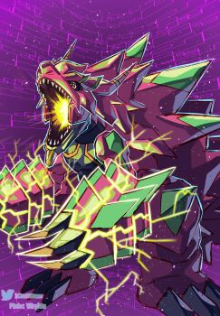 absurdres armor claws digimon digimon_(creature) digimon_beatbreak electricity full_body highres lizard no_humans open_mouth pink_armor powering_up purple_background richard_park sharp_teeth teeth