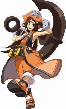 1girl 3d anchor arc_system_works armpits belt blush brown_eyes brown_hair fingerless_gloves gloves guilty_gear guilty_gear_xrd hat highres may_(guilty_gear) midriff official_art orange_hat orange_shirt pirate_hat salute shirt shorts skull_and_crossbones