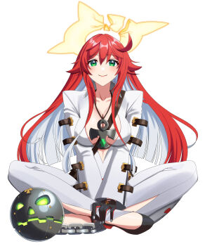 Rule 34 | 1girl, absurdres, blush, bodysuit, breasts, broken halo, cleavage, collarbone, commentary request, full body, green eyes, guilty gear, guilty gear strive, halo, highres, jack-o' valentine, jewelry, large breasts, long hair, multicolored hair, pendant, red hair, simple background, sitting, solo, two-tone hair, ushiroki, white background, white bodysuit, white hair, yellow halo