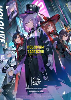 6+girls :3 absurdres animal_ear_fluff animal_ear_hairband animal_ears blue_eyes blush bow bowtie braid brown_hair building cat_ears cat_tail coat comiket_103 cowboy_shot dog_ears dorobo_kensetsu dutch_angle fake_animal_ears fox_ears gloves hairband hat highres hololive horns inugami_korone ishihara_(kuniyoshi) jacket la+_darknesss long_sleeves looking_at_viewer monocle multicolored_hair multiple_girls nekomata_okayu one_eye_closed ookami_mio open_mouth purple_eyes purple_hair purple_ribbon rabbit_ear_hairband rabbit_ears red_coat ribbon round_eyewear shirakami_fubuki squatting standing straight_hair tail takane_lui top_hat two-tone_hair virtual_youtuber white_bow white_bowtie white_gloves white_hair wolf_ears yellow_eyes