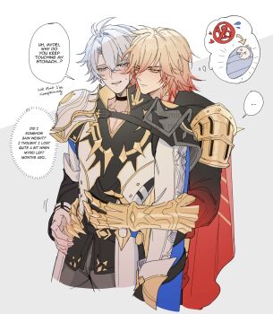 ... 2boys antenna_hair armlet armor black_choker black_coat black_shirt blonde_hair blue_cape blue_eyes blush braid cape choker clawed_gauntlets coat earrings facial_tattoo gold_earrings gradient_hair hands_on_another&#039;s_stomach highres honkai:_star_rail honkai_(series) hugging_object jewelry male_focus medium_hair mintoss multicolored_hair multiple_boys mydei_(honkai:_star_rail) neck_tattoo open_clothes open_coat parted_bangs pauldrons phainon_(honkai:_star_rail) red_hair red_tattoo shirt short_hair shoulder_armor side_braid single_pauldron spoken_ellipsis tattoo white_coat white_hair yaoi yellow_eyes