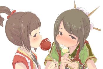 2girls apple blush brown_eyes brown_hair candy_apple cheek_bulge dango eating fellatio female_focus food fruit highres komitsu komitsu_(monster_hunter) licking loli looking_at_viewer monster_hunter_(series) monster_hunter_rise multiple_girls ponytail sexually_suggestive simple_background simulated_fellatio skewer sumitomo tongue tongue_out wagashi yomogi_(monster_hunter)