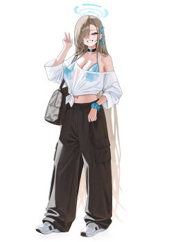 1girl absurdres asuna_(blue_archive) black_pants blonde_hair blue_archive blue_bra blue_eyes blue_halo bra commentary_request full_body hair_over_one_eye halo highres kono_(xerondan321) long_hair looking_at_viewer midriff navel paid_reward_available pants see-through_clothes see-through_shirt shirt shoes simple_background smile solo tied_shirt underwear v very_long_hair white_background white_shirt white_shoes