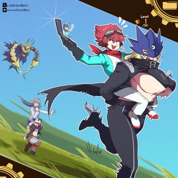 2boys 4girls aegiomon artist_name beelstarmon black_gloves blonde_hair bouncing_breasts breasts closed_eyes dclaret digimon digimon_(creature) digimon_story:_time_stranger eye_mask field gloves goggles goggles_on_head grass happy highres horns junomon_hysteric_mode large_breasts mask misono_inori multiple_boys multiple_girls patreon_username red_hair riding running school_uniform short_hair third_eye twitter_username underboob white_hair yuuki_dan yuuki_kanan