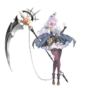 1girl absurdres ankle_boots arm_strap ascot bare_shoulders black_boots black_cape black_collar black_dress black_sleeves boots breasts cape chain collar colored_eyelashes colored_inner_hair commentary crown detached_sleeves dress earrings english_commentary full_body grey_eyes grey_hair hair_between_eyes hair_ornament hand_up highres holding holding_scythe holding_weapon jeongxsian jewelry large_breasts long_hair looking_at_viewer mole mole_under_eye multicolored_hair nail_polish open_mouth original petticoat pink_hair pink_thighhighs red_nails ring scythe short_dress simple_background solo standing strapless strapless_dress thighhighs torn_clothes torn_sleeves torn_thighhighs two-tone_hair weapon white_ascot white_background