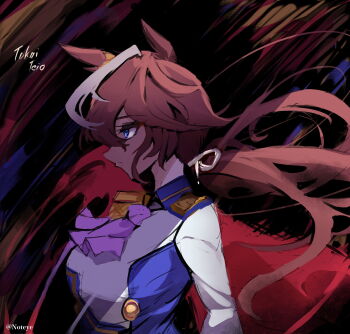 1girl animal_ears ascot blue_eyes bow brown_hair buttons cape double-breasted ear_ribbon epaulettes gloves highres horse_ears horse_girl horse_tail jacket long_hair long_sleeves multicolored_hair multicolored_jacket nottoai_(user_emeu8775) pink_ascot ponytail red_cape single_epaulette solo streaked_hair tail tokai_teio_(peak_joy)_(umamusume) tokai_teio_(umamusume) two-tone_jacket umamusume white_gloves white_hair white_jacket