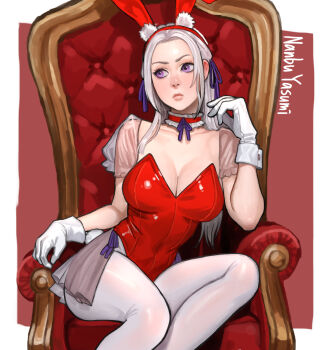 1girl alternate_costume animal_ears arms_up bare_shoulders blunt_ends border breasts chair cleavage collarbone commentary_request covered_navel edelgard_von_hresvelg eyelashes fake_animal_ears fire_emblem fire_emblem:_three_houses gloves hand_up highres large_breasts leotard long_hair looking_to_the_side nanbu_yasumi nintendo on_chair on_throne outside_border pantyhose pink_lips playboy_bunny purple_eyes rabbit_ears red_background red_leotard sitting solo thick_thighs thighs throne white_border white_gloves white_hair white_pantyhose