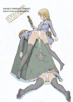 3girls agent_aika aika_(series) ass bad_id bad_pixiv_id bent_over black_legwear blue_dress breasts brown_hair closed_mouth crotch_seam d8800880 derivative_work dress highres holding kneepits legs long_hair lying medium_breasts military military_uniform multiple_girls necktie on_stomach original panties parody pouch red_neckwear sailor_collar sailor_dress scene_reference shoes short_hair socks spanked spanking spread_legs standing thighhighs thighs unconscious underwear white_panties