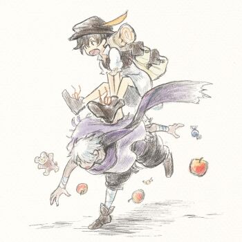 1boy 1girl apple backpack bag brown_hair brown_hat brown_shoes cloak commentary_request food fruit hair_over_one_eye hat hat_feather highres jumping octopath_traveler octopath_traveler_i open_mouth purple_cloak qqqqqli shoes therion_(octopath_traveler) tressa_(octopath_traveler) tressa_colzione white_hair