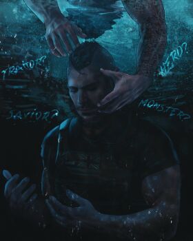 2boys black_choker black_hair black_shirt bulletproof_vest call_of_duty call_of_duty:_modern_warfare_2 choker closed_eyes closed_mouth english_text ghost_(modern_warfare_2) highres makenzie_polkas male_focus multiple_boys muscular muscular_male shirt short_hair soap_(modern_warfare_2) solo_focus submerged water