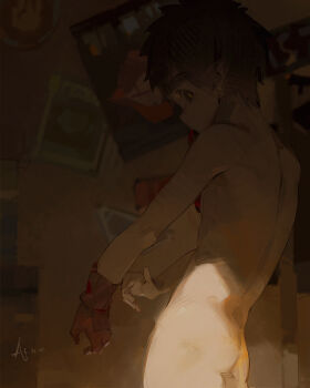 1boy a-shacho ass back black_hair commentary_request completely_nude cropped_legs glove_in_mouth gloves highres indoors kemono_jihen kusaka_kabane male_focus mouth_hold nude profile red_gloves short_hair shota signature solo thick_eyebrows upper_body