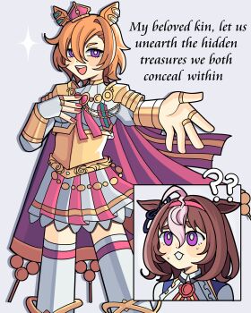 2girls ? ?? absurdres ahoge animal_ears armor blue_dress blush bobamiruku bow breasts brown_hair cape corset crown double-parted_bangs dress ear_ornament ear_ribbon english_text fingerless_gloves flirting gloves gold hair_between_eyes hairband headband highres horse_ears horse_girl horse_tail jewelry long_sleeves medium_hair meisho_doto_(turbulent_blue)_(umamusume) meisho_doto_(umamusume) mini_crown multicolored_hair multiple_girls multiple_rings open_mouth orange_hair orange_tail pink_cape pink_crown pink_hairband pink_headband pink_skirt purple_eyes ring shirt short_hair shoulder_armor single_fingerless_glove single_glove skirt smile sweat t.m._opera_o_(o_sole_suo!)_(umamusume) t.m._opera_o_(umamusume) tail teeth thighhighs two-tone_hair two-tone_skirt umamusume upper_teeth_only white_dress white_hair white_shirt white_skirt white_thighhighs