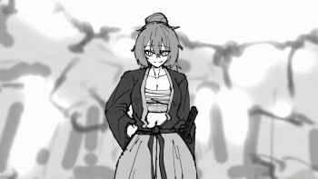 1girl animated animated_gif blush breasts covering_breasts covering_privates crotch embarrassed full-face_blush greyscale mg\sean_kim monochrome original samurai sarashi surprised sword tears torn_clothes undone_sarashi wardrobe_malfunction weapon worried