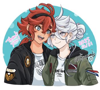 2girls alternate_costume black_jacket blurry blush commentary_request dark-skinned_female dark_skin green_eyes green_jacket grey_eyes gundam gundam_suisei_no_majo hairband happy highres interracial jacket long_hair looking_at_another miorine_rembran multiple_girls open_mouth otsunami pale_skin red_eyes shirt smile suletta_mercury teeth upper_body upper_teeth_only white_hair white_shirt yuri