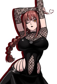 Rule 34 | 1girl, absurdres, black dress, black lips, braid, braided ponytail, breasts, chainsaw man, commentary, dress, english commentary, goth fashion, highres, large breasts, long hair, looking at viewer, makima (chainsaw man), navel, one eye closed, ponytail, red hair, redpostit, sidelocks, solo, yellow eyes