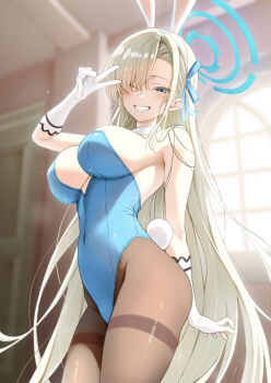 1girl animal_ear_hairband animal_ears asuna_(blue_archive) asuna_(bunny)_(blue_archive) bare_shoulders blonde_hair blue_archive blue_eyes blue_halo blue_leotard blush breasts commentary_request covered_navel detached_collar fake_animal_ears fake_tail gloves grin hair_over_one_eye hairband halo highleg highleg_leotard highres large_breasts leotard long_hair looking_at_viewer one_eye_closed pantyhose playboy_bunny rabbit_ear_hairband rabbit_ears rabbit_girl shimashima_salmon smile solo tail thighband_pantyhose v very_long_hair white_gloves
